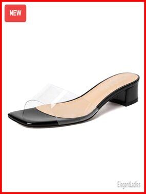 KUOARN Chunky Heels Clear Mules Slip On Heeled Sandals